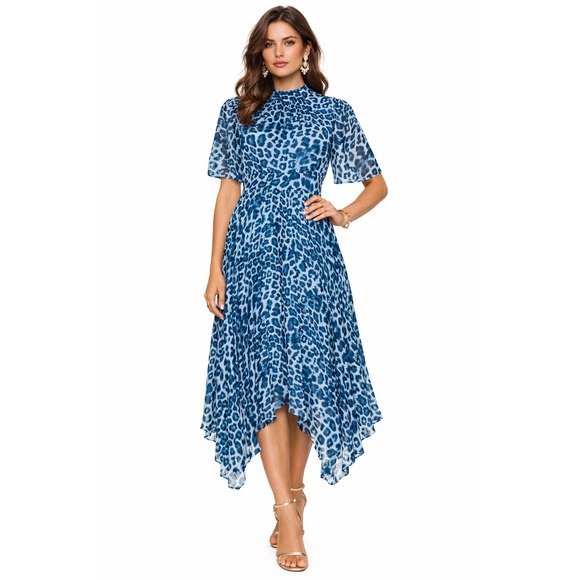 Whistles Blue Jungle Cheetah Pleated Midi Dress Mock Neck US 8 NWOT